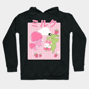 Kawaii Frog Strawberry Milk Frogs Cottagecore Hoodie